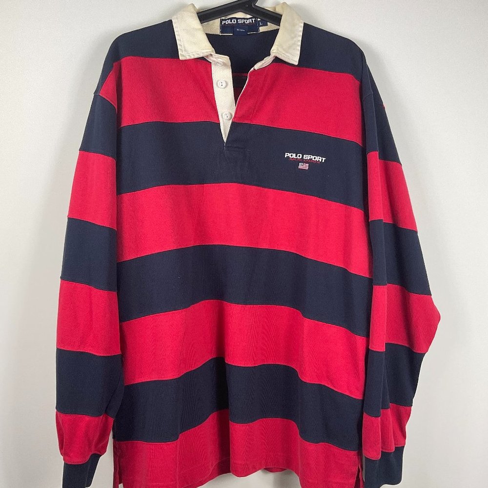 Vintage Polo Sport Rugby Red Navy Blue Size Large